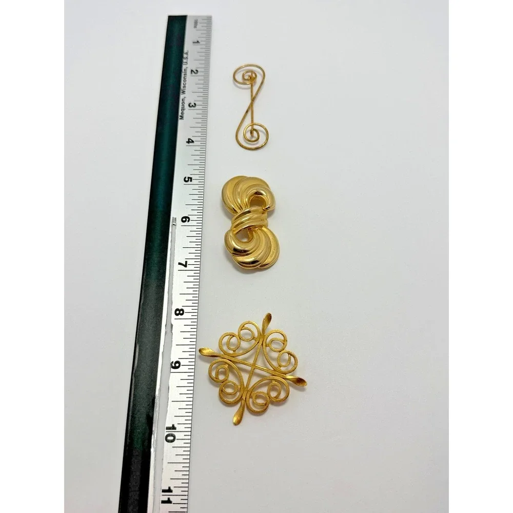 Mixed Gold Tone Pin Lot of 3 Ornate Scrollwork Brooches